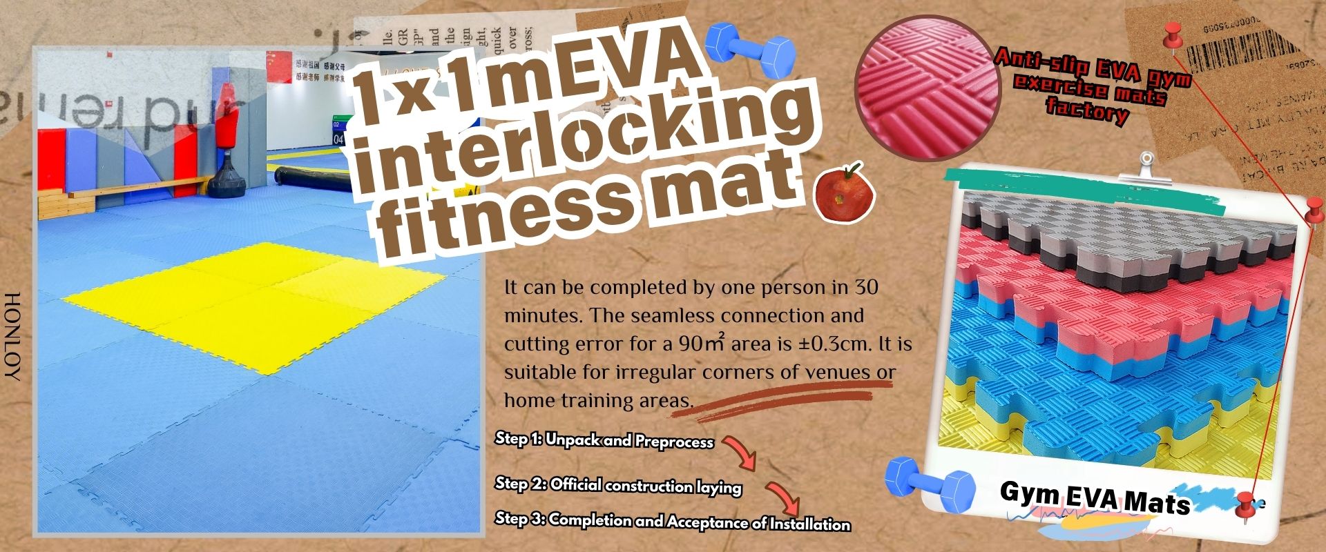 1×1m EVA Interlocking Fitness Mat: Full 90㎡ Fitness Space Installation in 30 Minutes